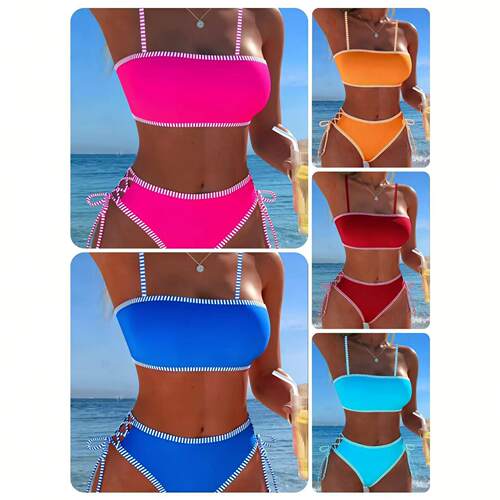 Striped lace up split bikini swimsuit set, strapless, high