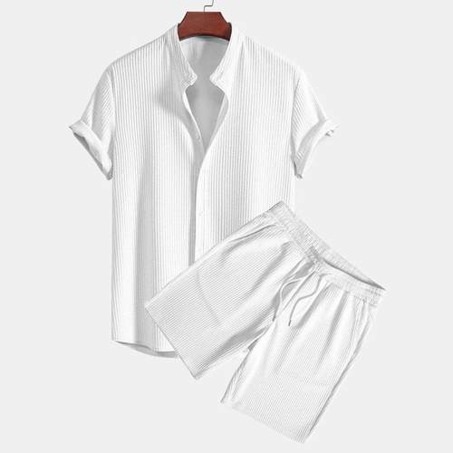 Men's beach outfit with pit strips and short sleeves, two