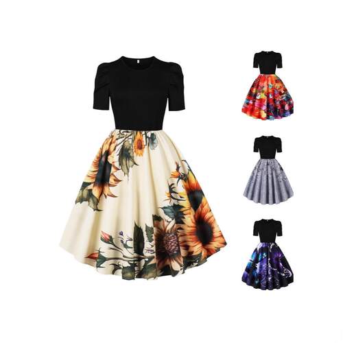 Elastic waist round neck bubble short sleeved printed dress