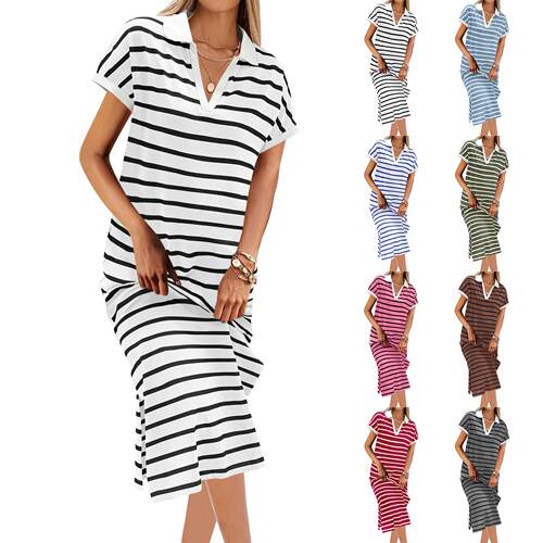 Collar striped short sleeved slit long dress