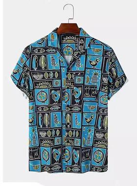 Men's short sleeved shirt printed loose cardigan shirt