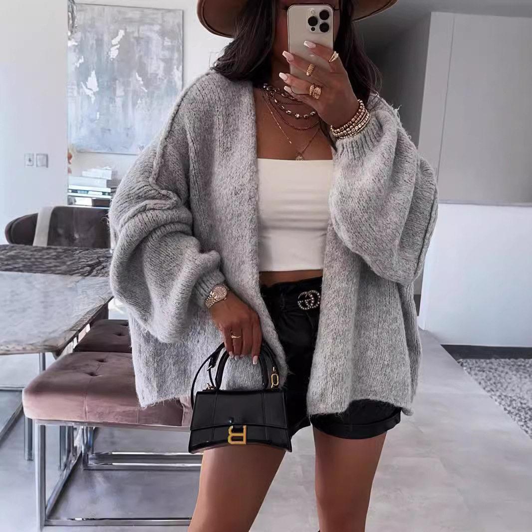 Medium to long knitted sweater cardigan jacket for women图片