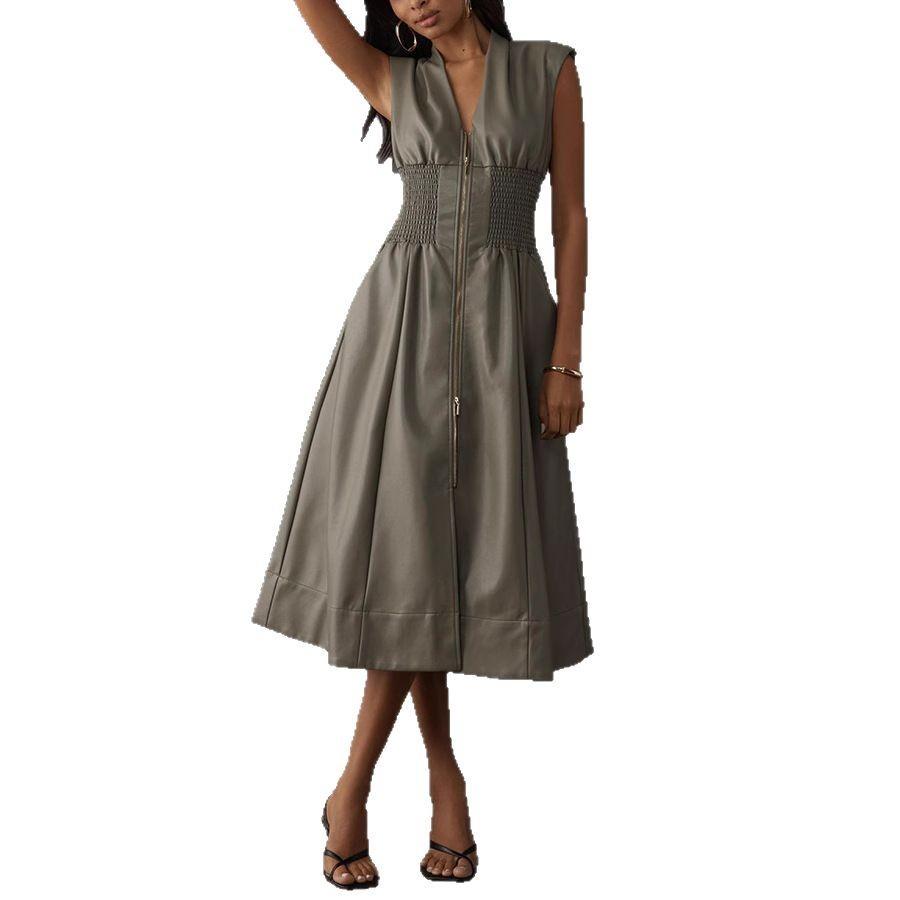 Women's dress sleeveless leather jacket zipper long skirt