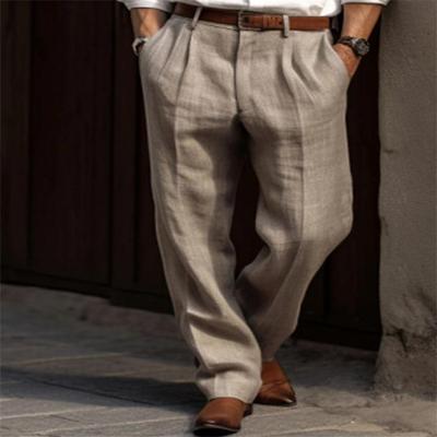 Men's linen pants with double pleated front pockets,