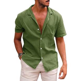 Collar short sleeved shirt for men, cotton and linen shirt
