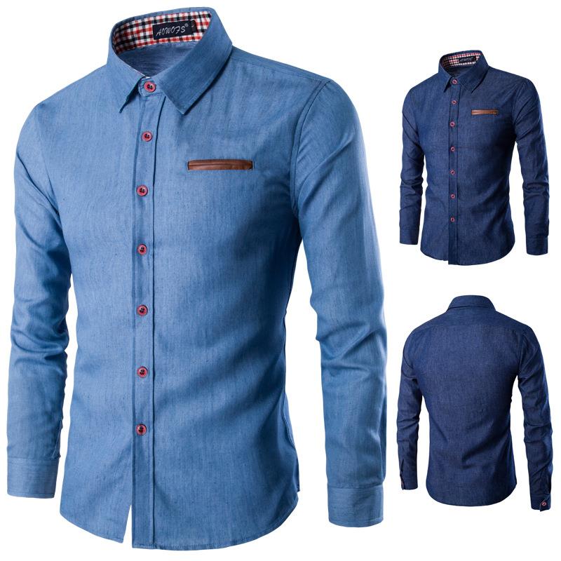 Regular men's pocket patchwork cotton long sleeved shirt