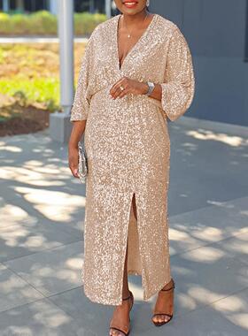 Large size women's clothing collar sequin slit long skirt