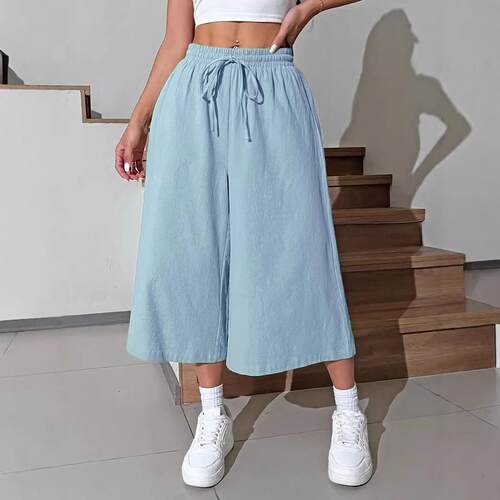 Elastic waistband pocket seven quarter pants wide leg