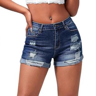 waist rolled elastic with Ladies shorts ripped mid denim