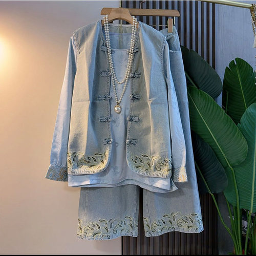 胖mm国风牛仔马甲衬衫裤子三件套