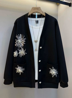 欧货大码女装2026春季新款时尚休闲刺绣钉珠烟花开衫v领长袖外套
