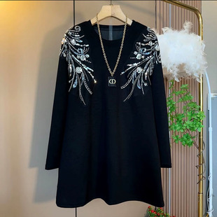 新款 2025秋季 时尚 休闲重工亮片钉珠长袖 欧货大码 显瘦卫衣大衫 女装