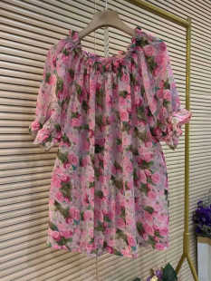 女装 大码 韩版 碎花女神一字肩衬衫 上衣 胖mm时尚 短袖 2024年春夏新款