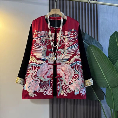 胖mm国潮风锦缎刺绣盘扣马甲小衫