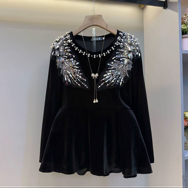 欧货大码女装2025秋冬新款时尚钉珠亮片刺绣名媛风丝绒打底衫上衣,女装/女士精品,大码内搭,淘宝优惠券,粉丝福利购,淘宝优惠卷