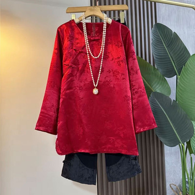 胖mm国风锦缎盘扣上衣裤子两件套