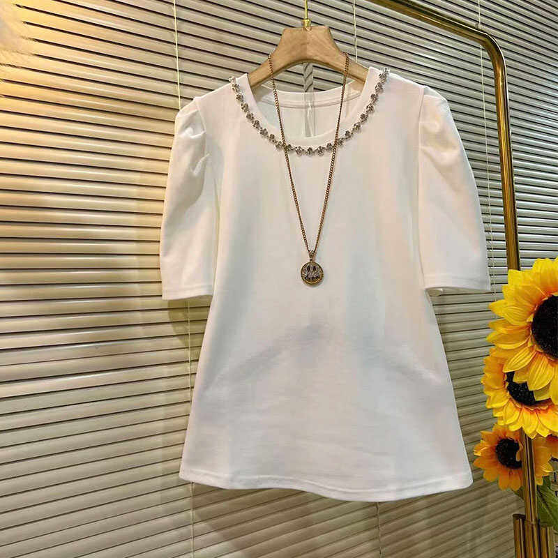 大码女装2024夏季新款时尚甜美设计感钉钻圆领短袖T恤泡泡袖上衣,女装/女士精品,大码内搭,淘宝优惠券,粉丝福利购,淘宝优惠卷