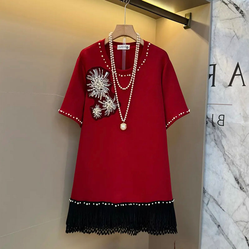 胖mm时尚钉珠亮钻花朵短袖大衫裙