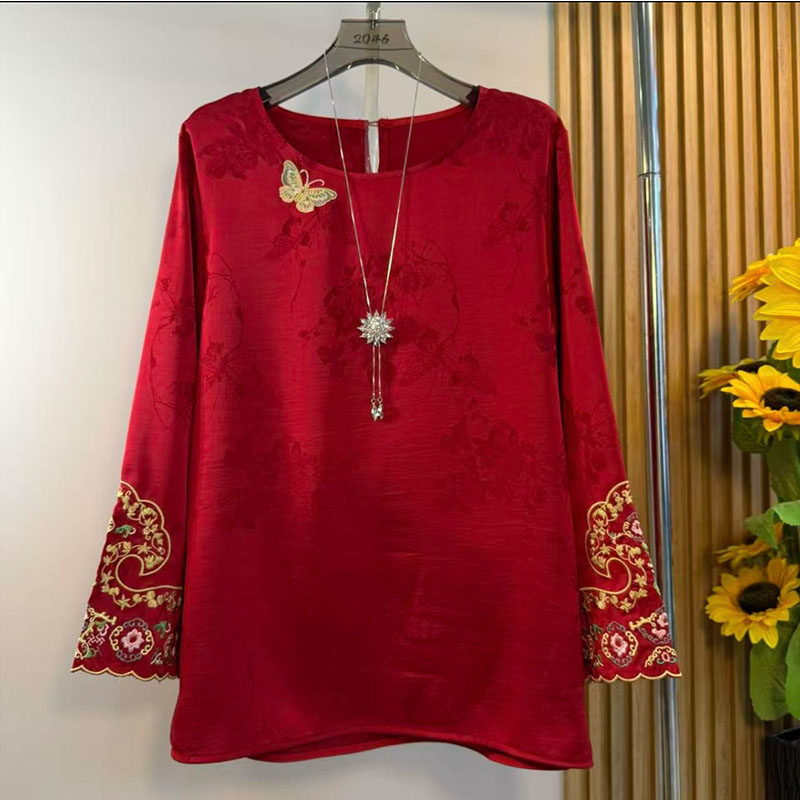新中式大码女装2026春秋款轻奢国风锦缎提花刺绣长袖气质衬衫上衣,女装/女士精品,大码内搭,淘宝优惠券,粉丝福利购,淘宝优惠卷