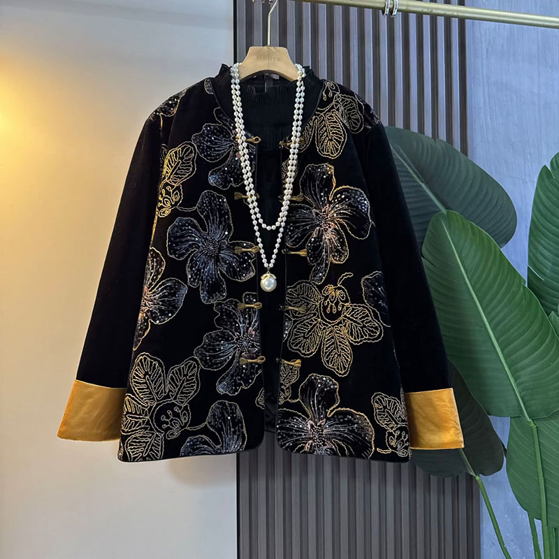 胖mm国潮风轻奢刺绣丝绒加棉外套