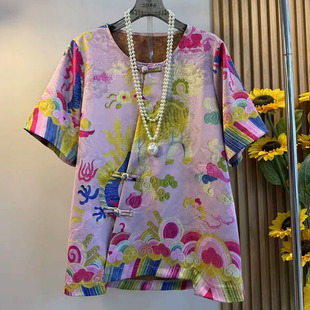 国风大码 复古盘扣印花不规则显瘦短袖 女装 新款 上衣 2025夏季 新中式