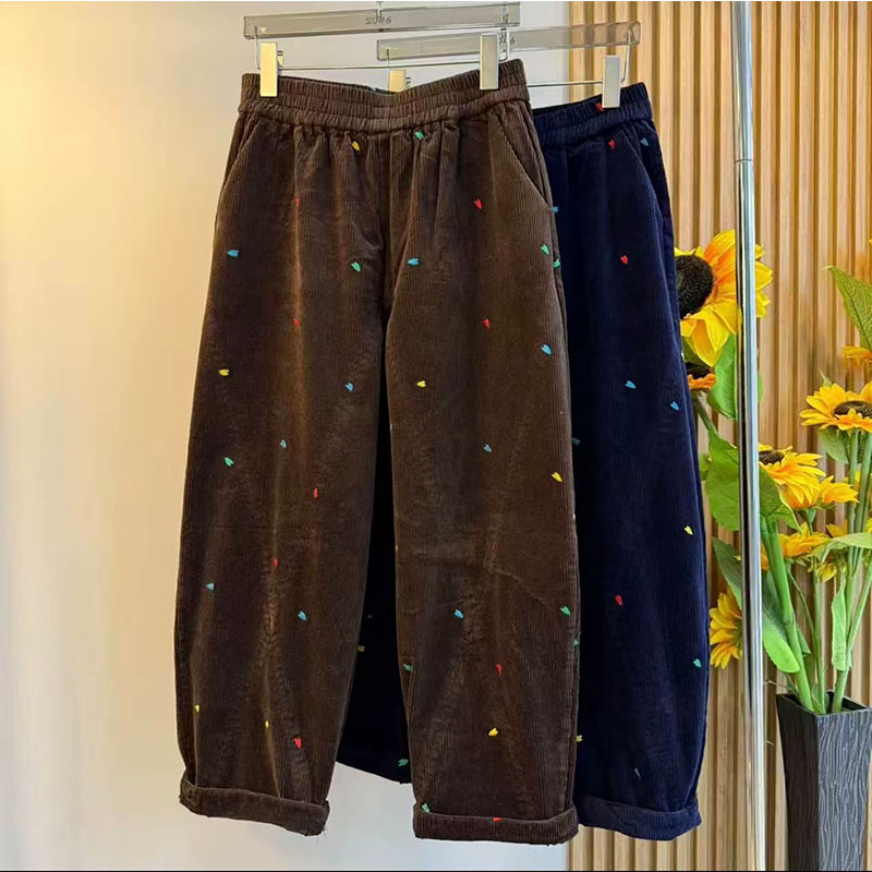 胖mm休闲刺绣灯芯绒显瘦直筒裤