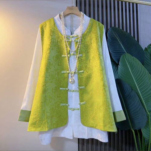 胖mm国风盘扣马甲衬衫显瘦两件套