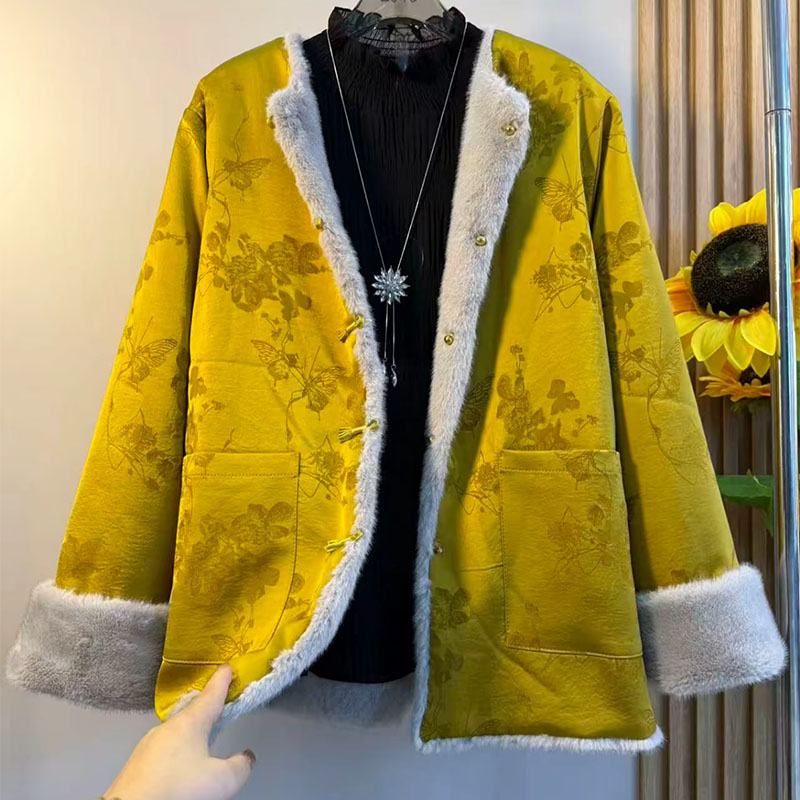 胖mm国风提花盘扣加绒双面穿外套