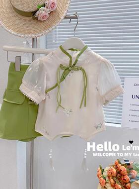 2023夏装新款汉服旗袍女宝宝夏款套装古风中小童上衣短裙两件套潮