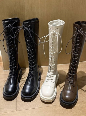 骑士靴女2025秋冬新款不过膝厚底系带长筒靴子显瘦小腿高筒马Ymy