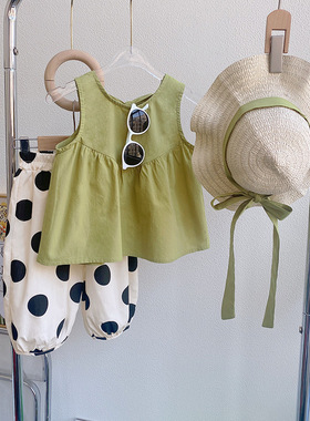 女童2023新款夏装套装韩版背心小上衣波点裤子两件套带帽子潮