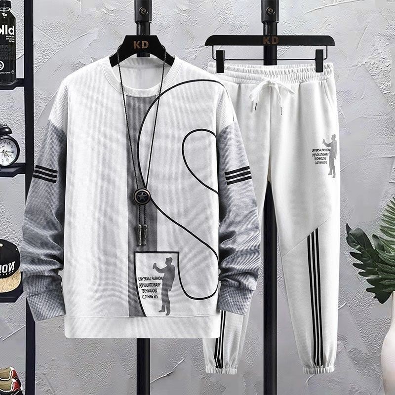 悦品型男穿搭秋季2025秋款男士华夫格卫衣套装时尚休闲两件套-@