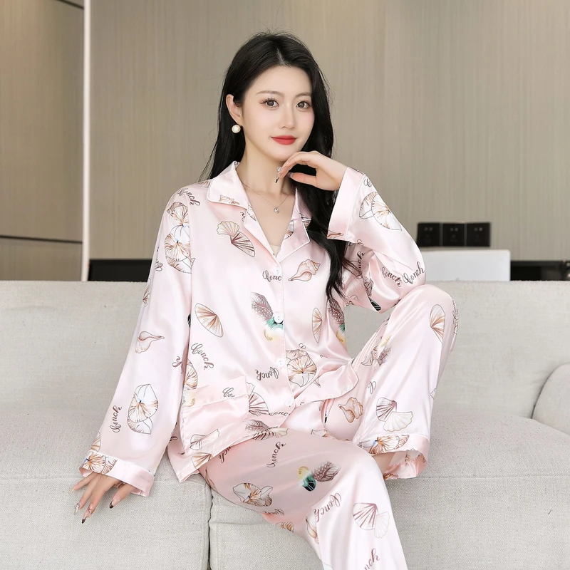 蚕衣人女装正品春夏冰雪丝缎面提花睡衣家居服女套装休闲宽松大码