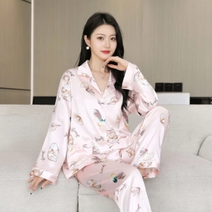 蚕衣人女装正品春夏冰雪丝缎面提花睡衣家居服女套装休闲宽松大码