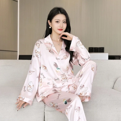 蚕衣人女装正品春夏冰雪丝缎面提花睡衣家居服女套装休闲宽松大码
