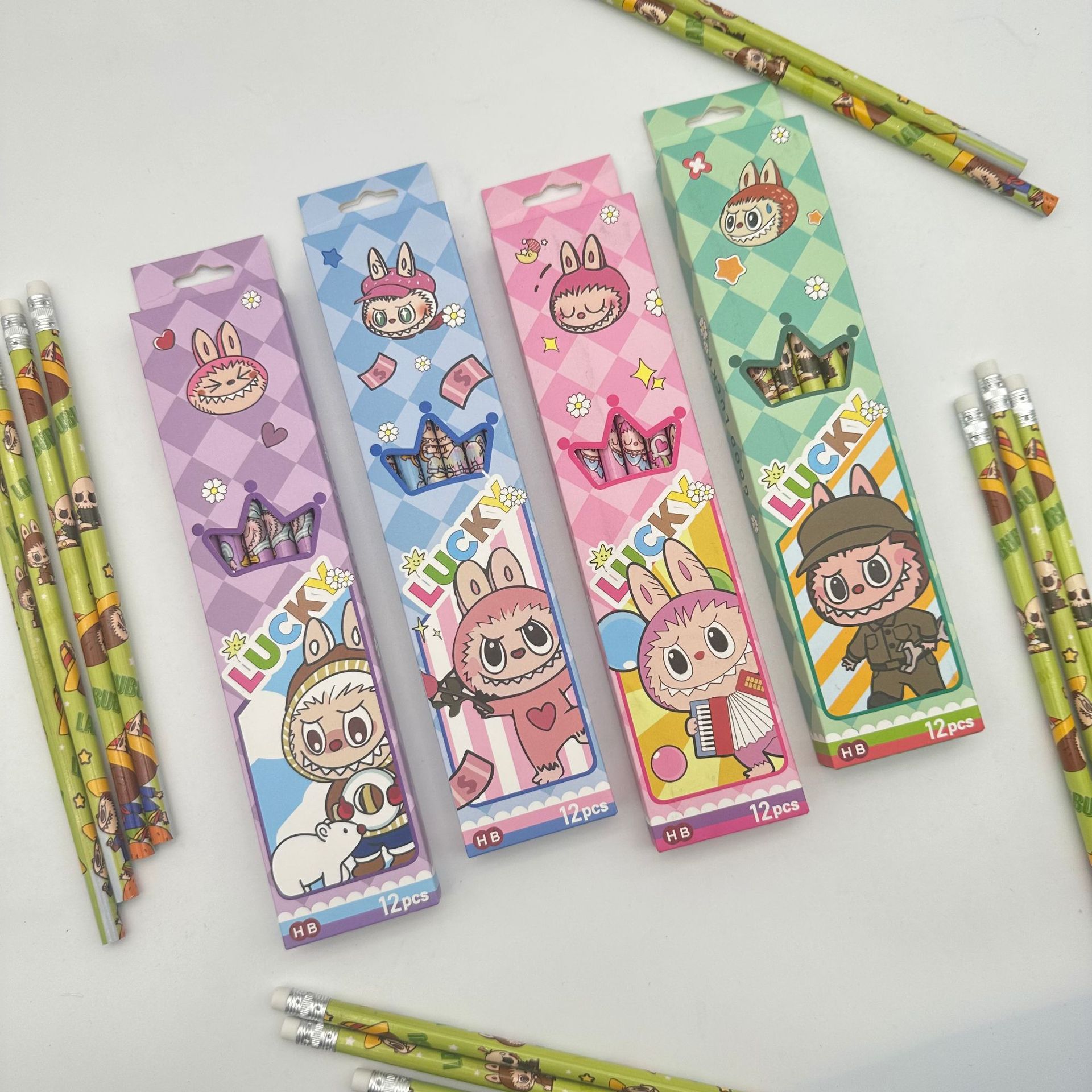 外贸拉布布盒装铅笔12支HB铅笔小学生LABUBU书写素描文具铅笔