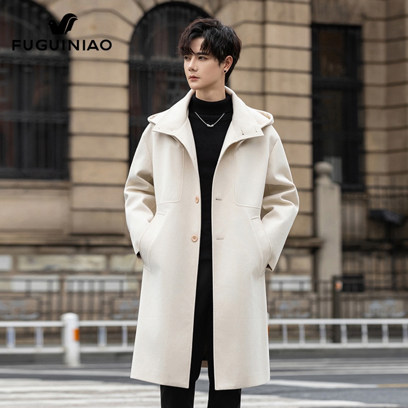 富贵鸟中长款毛呢大衣男士商务连帽风衣2025年秋季休闲呢子外套男
