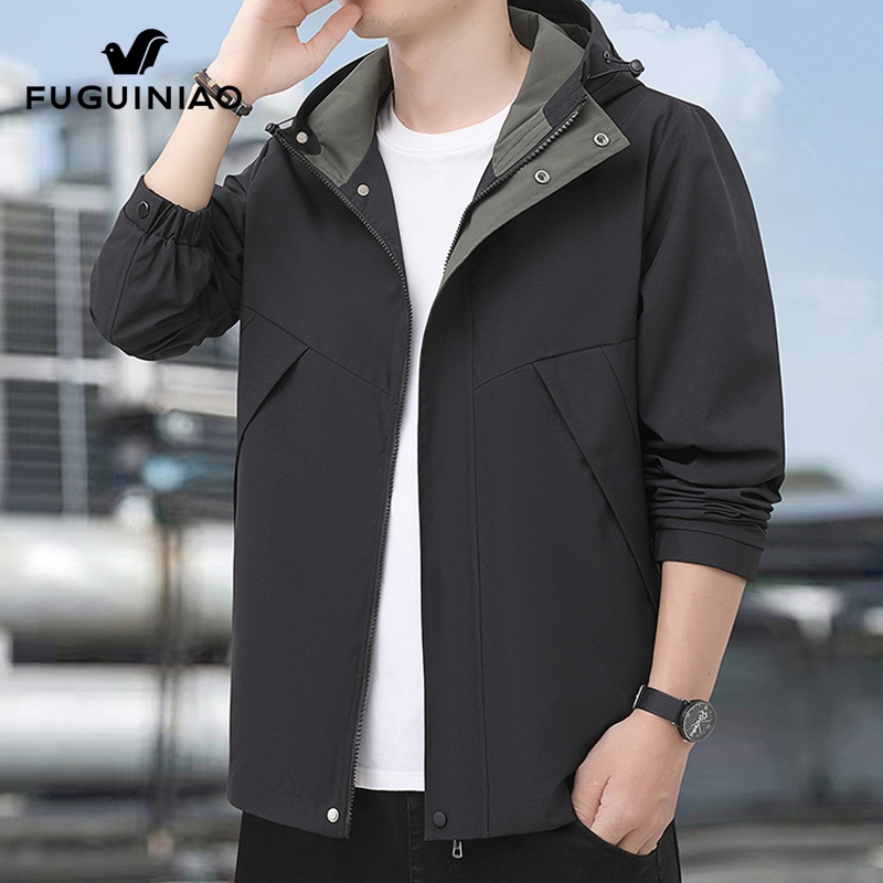 富贵鸟三防夹克男士户外连帽冲锋衣2025年秋季休闲宽松运动外套男