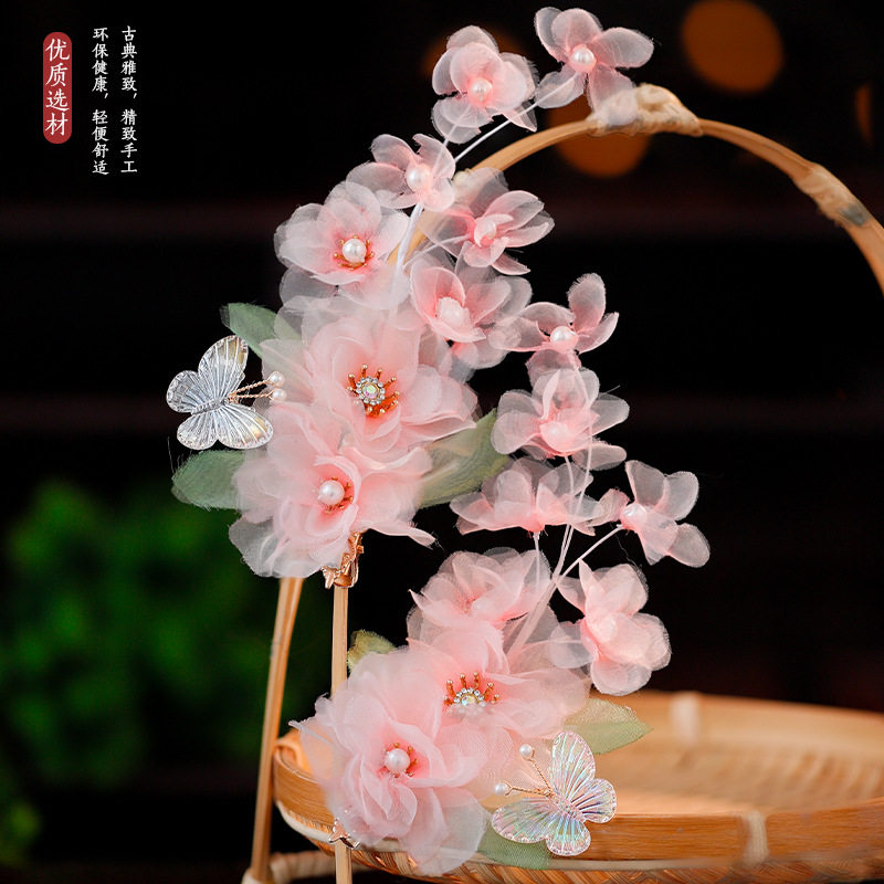 古风汉服纯手工绢纱粉色烫花发夹
