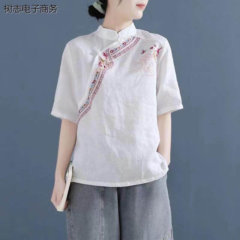 外贸法国单夏季民族盘扣胖mm衬衫短袖上衣女装棉麻文艺大码衬衫衣