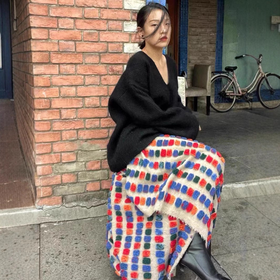 法式一片韩国绒球针织裙长裙女