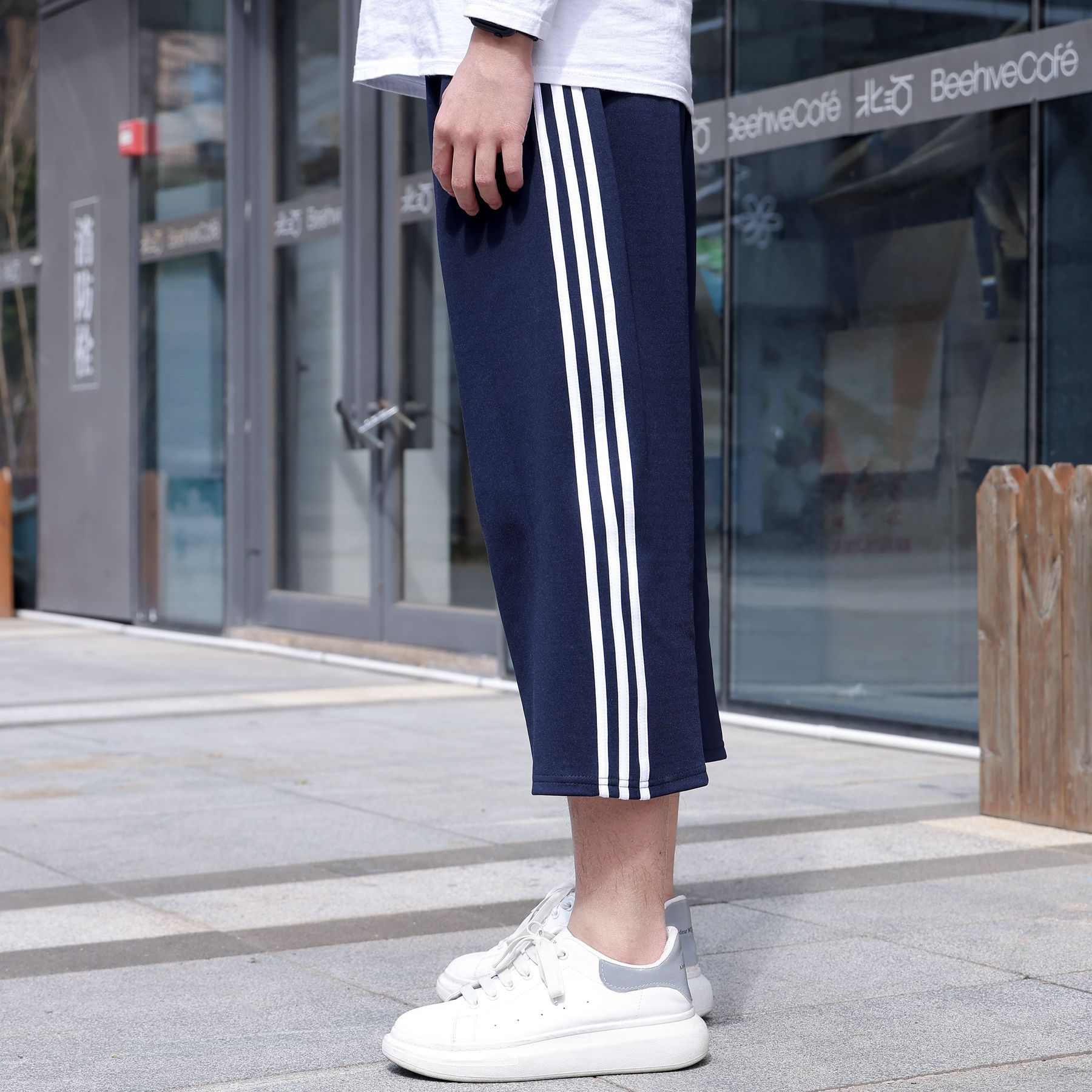 校服裤子三条杠七分裤宽松男女