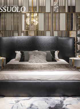 萨索罗/意大利轻奢黑色牛皮尼洛NILO女王大床/robertocavalli家具