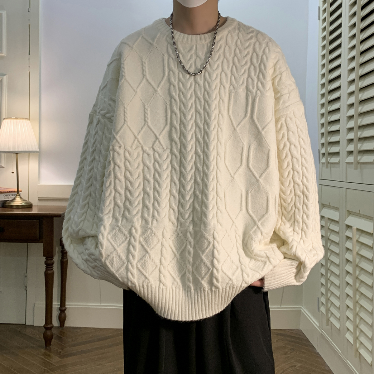 长袖套头流行宽松圆领纯色麻花A046HM2126P65控88，男装卫衣，星座608(原A046)