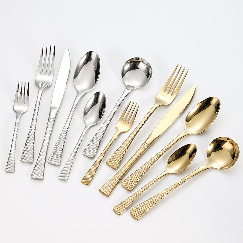 轻奢304不锈钢锤纹鱼尾西餐具刀叉勺甜品勺高档镀金加厚餐具套装,餐饮具,西餐餐具套装,淘宝优惠券,粉丝福利购,淘宝优惠卷