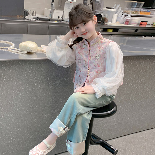 女童秋装2026新款套装儿童汉服新中式国风马甲春秋女孩洋气两件套