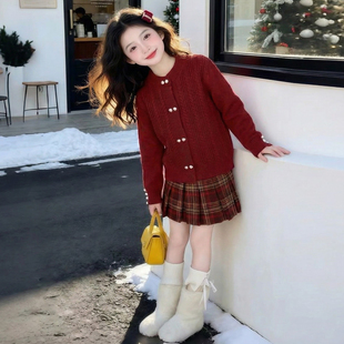 女童冬装套装2026新款儿童网红洋气爆款时髦红色过年小香风两件套