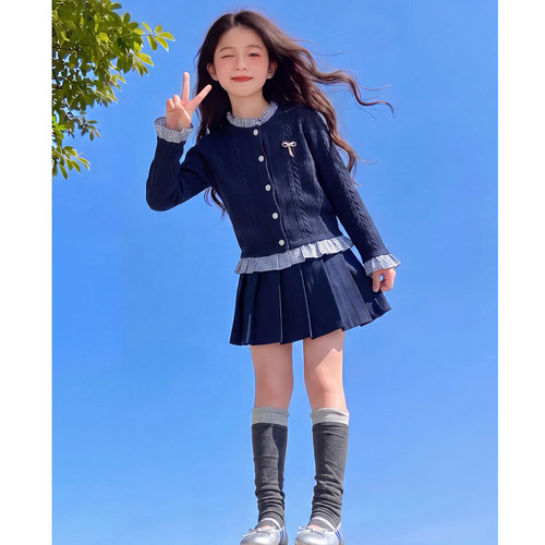 女童秋装2026新款套装儿童时髦洋气针织花边两件套女孩春秋款衣服