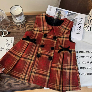 女童连衣裙冬季2026新款洋气儿童时髦蝴蝶格子裙子女孩冬装公主裙