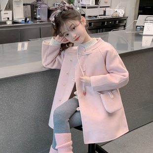 女童外套2026新款秋冬款儿童洋气汉服国风加厚毛呢大衣小女孩冬装